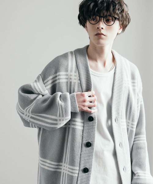 セール】オーバーサイズ 7G総柄Vネックニットカーディガン アーガイル