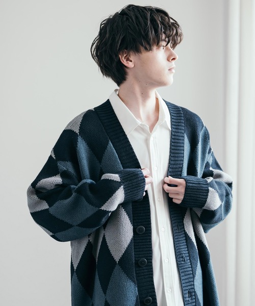 セール】オーバーサイズ 7G総柄Vネックニットカーディガン アーガイル