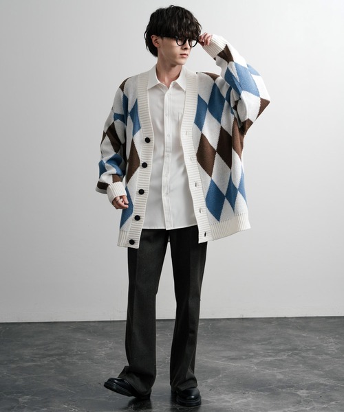 セール】オーバーサイズ 7G総柄Vネックニットカーディガン アーガイル