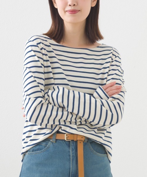 OMNES(オムネス)の「コットン長袖ボーダーTシャツ(Tシャツ/カットソー・レディース・ホワイト×ネイビー/ベージュ×ブラック/ベージュ系その他/ベージュ系その他2/ブラウン系その他/マルチ/ホワイト×ピンク/ベージュ系その他3・MEDIUM)」の12枚目の写真