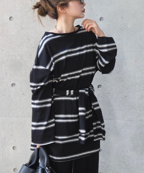 LAULEN(ローレン)の「muffler random border tops /マフラーランダムボーダートップス(Tシャツ/カットソー・レディース・ブラック/グレー・FREE)」の2枚目の写真