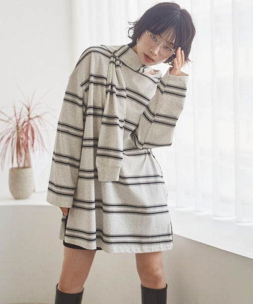 LAULEN(ローレン)の「muffler random border tops /マフラーランダムボーダートップス(Tシャツ/カットソー・レディース・ブラック/グレー・FREE)」の3枚目の写真