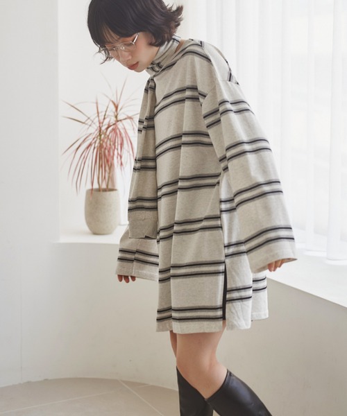 LAULEN(ローレン)の「muffler random border tops /マフラーランダムボーダートップス(Tシャツ/カットソー・レディース・ブラック/グレー・FREE)」の4枚目の写真