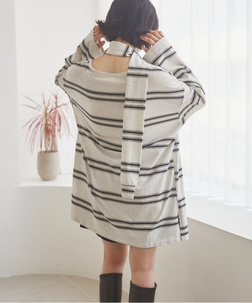 LAULEN(ローレン)の「muffler random border tops /マフラーランダムボーダートップス(Tシャツ/カットソー・レディース・ブラック/グレー・FREE)」の5枚目の写真