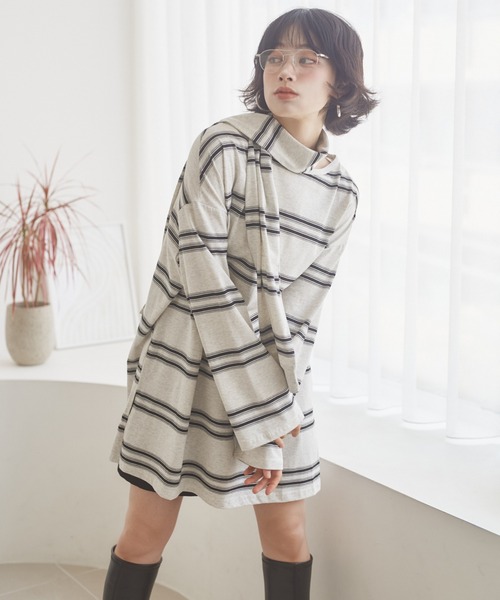 LAULEN(ローレン)の「muffler random border tops /マフラーランダムボーダートップス(Tシャツ/カットソー・レディース・ブラック/グレー・FREE)」の6枚目の写真