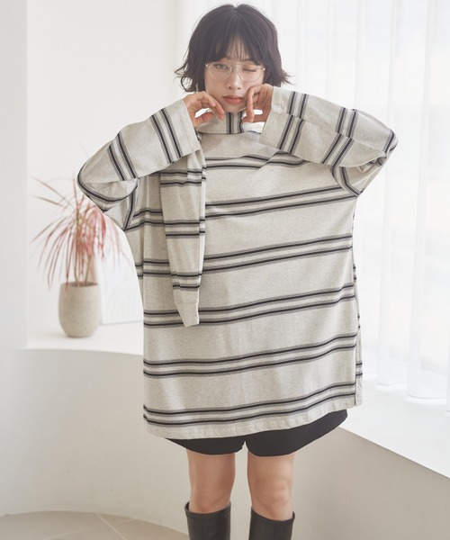 LAULEN(ローレン)の「muffler random border tops /マフラーランダムボーダートップス(Tシャツ/カットソー・レディース・ブラック/グレー・FREE)」の7枚目の写真