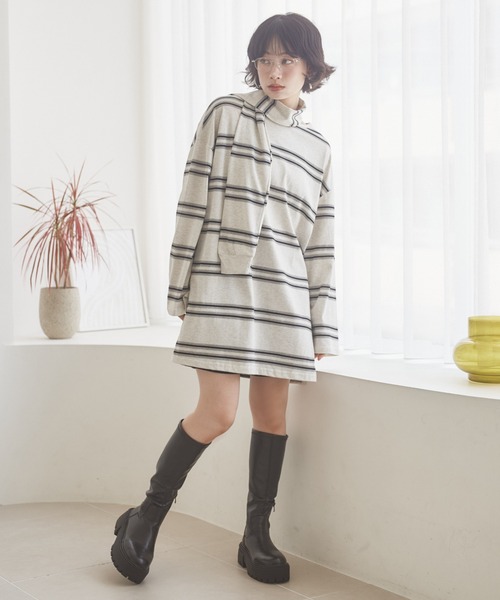 LAULEN(ローレン)の「muffler random border tops /マフラーランダムボーダートップス(Tシャツ/カットソー・レディース・ブラック/グレー・FREE)」の8枚目の写真