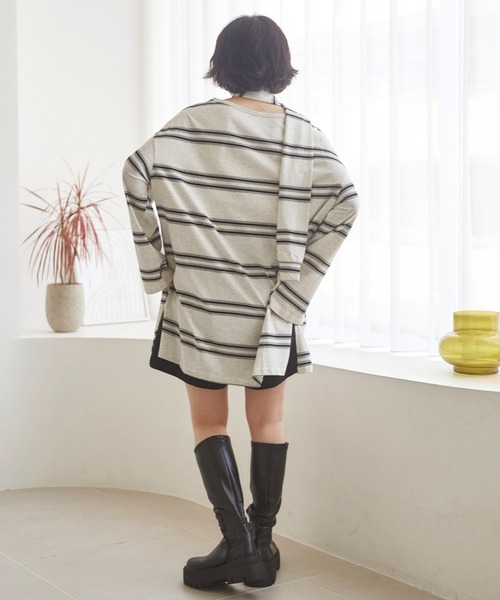 LAULEN(ローレン)の「muffler random border tops /マフラーランダムボーダートップス(Tシャツ/カットソー・レディース・ブラック/グレー・FREE)」の11枚目の写真