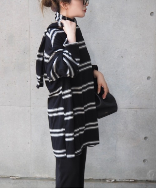 LAULEN(ローレン)の「muffler random border tops /マフラーランダムボーダートップス(Tシャツ/カットソー・レディース・ブラック/グレー・FREE)」の12枚目の写真