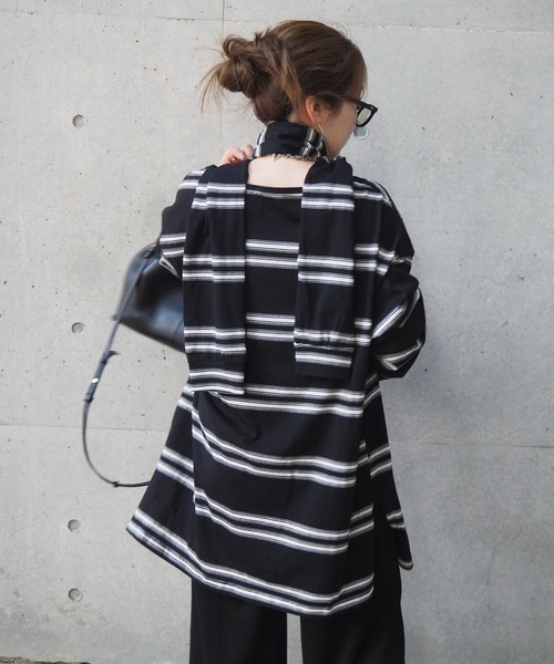 LAULEN(ローレン)の「muffler random border tops /マフラーランダムボーダートップス(Tシャツ/カットソー・レディース・ブラック/グレー・FREE)」の13枚目の写真