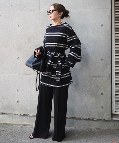 LAULEN(ローレン)の「muffler random border tops /マフラーランダムボーダートップス(Tシャツ/カットソー・レディース・ブラック/グレー・FREE)」の14枚目の写真