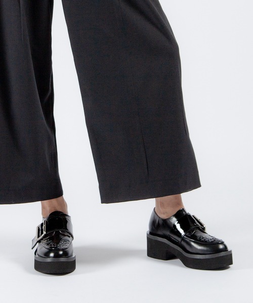 本革/厚底/5cm】ビッグバックル デザインローファー ALL BLACK