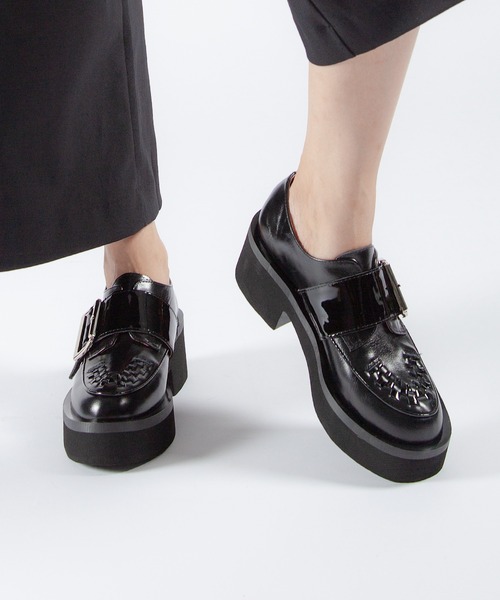本革/厚底/5cm】ビッグバックル デザインローファー ALL BLACK