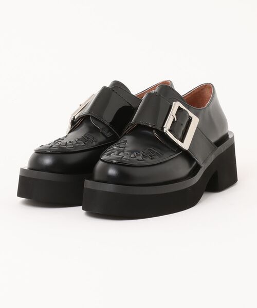 本革/厚底/5cm】ビッグバックル デザインローファー ALL BLACK