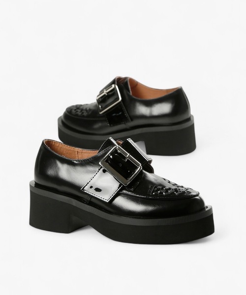 本革/厚底/5cm】ビッグバックル デザインローファー ALL BLACK