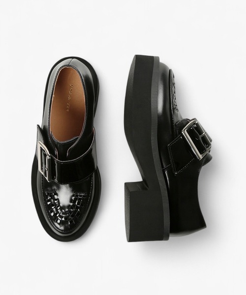 本革/厚底/5cm】ビッグバックル デザインローファー ALL BLACK