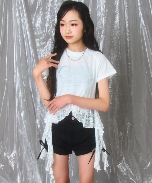 ANAP GｉRL（アナップガール）の「裾 フリル レース 切り替え トップス（Tシャツ/カットソー・キッズ・ホワイト/ブラック・M/S/XS）」の2枚目の写真