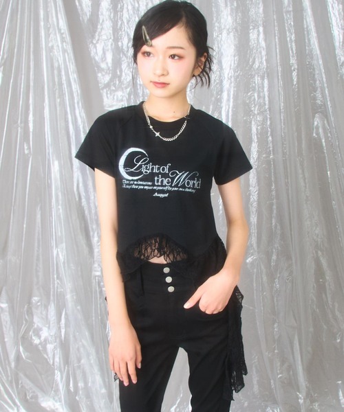 ANAP GｉRL（アナップガール）の「裾 フリル レース 切り替え トップス（Tシャツ/カットソー・キッズ・ホワイト/ブラック・M/S/XS）」の8枚目の写真