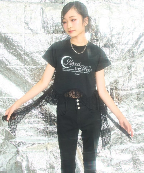 ANAP GｉRL（アナップガール）の「裾 フリル レース 切り替え トップス（Tシャツ/カットソー・キッズ・ホワイト/ブラック・M/S/XS）」の13枚目の写真