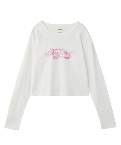 X-girl(エックスガール)の「RHINESTONE AND GLITTER LOGO L/S BABY TEE(Tシャツ/カットソー・レディース・ブラック/オリーブ/ホワイト・S/M)」の9枚目の写真