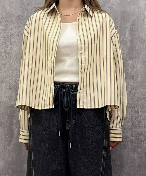 Right-on（ライトオン）の「【HONEYSUCKLE ROSE】ストライプショートシャツ (お手入れ楽/トレンド）（シャツ/ブラウス・レディース・イエロー/ブルー/ブラック・S/M/L）」の8枚目の写真