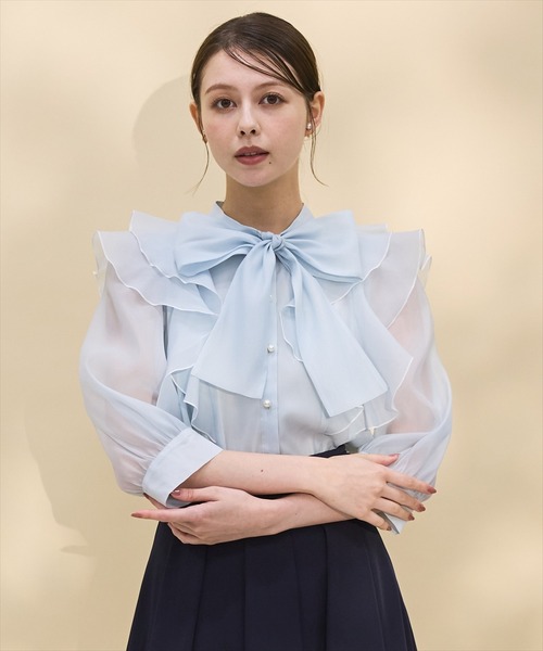 七分袖ホワイトメロー配色ボウタイブラウス（シャツ/ブラウス