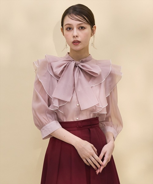 ホワイトメロー配色ボウタイブラウス SWINGLE ブラウス シャツ ホワイトメロー配色ボウタイブラウス