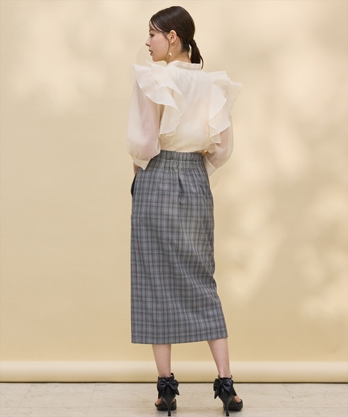 ホワイトメロー配色ボウタイブラウス 七分袖ホワイトメロー配色ボウタイブラウス