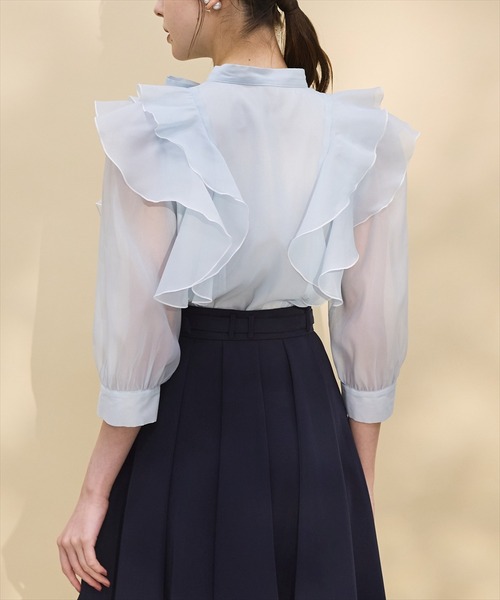 ホワイトメロー配色ボウタイブラウス 七分袖ホワイトメロー配色ボウタイブラウス