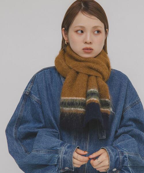 KBF(ケイビーエフ)の「エンドボーダーデザインマフラー(マフラー・レディース・キャメル/グレー/ブラック・ONE)」の4枚目の写真