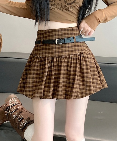 leune(ルネ)の「ベルト付きチェック柄バルーンスカート(スカート・レディース・ブラウン/ブラック・LARGE/MEDIUM/SMALL)」の1枚目の写真