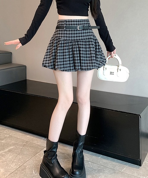 leune(ルネ)の「ベルト付きチェック柄バルーンスカート(スカート・レディース・ブラウン/ブラック・LARGE/MEDIUM/SMALL)」の3枚目の写真