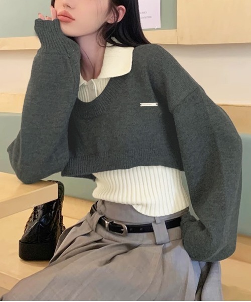 yori パフショルダーニット　ブラック36 未使用！ セール】2点セット オフショルダーニットトップス＆衿付きノースリーブ