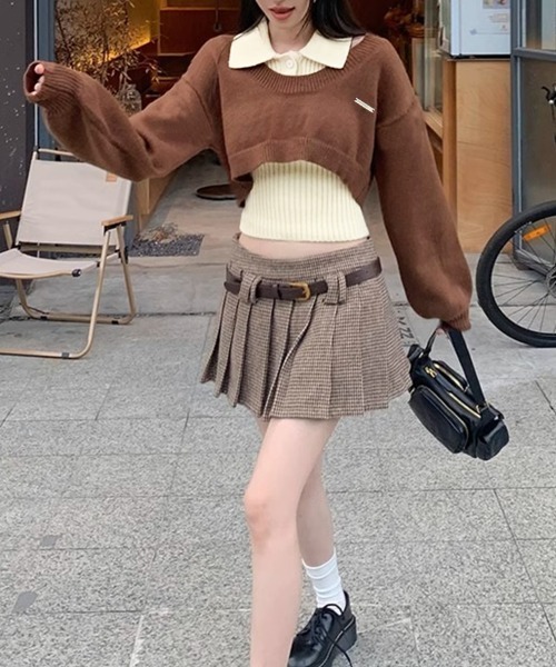 セール】2点セット オフショルダーニットトップス＆衿付きノースリーブ