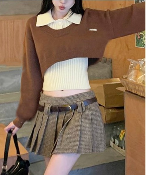 ワンショルニットトップス、トートバッグセット セール】2点セット オフショルダーニットトップス＆衿付きノースリーブ