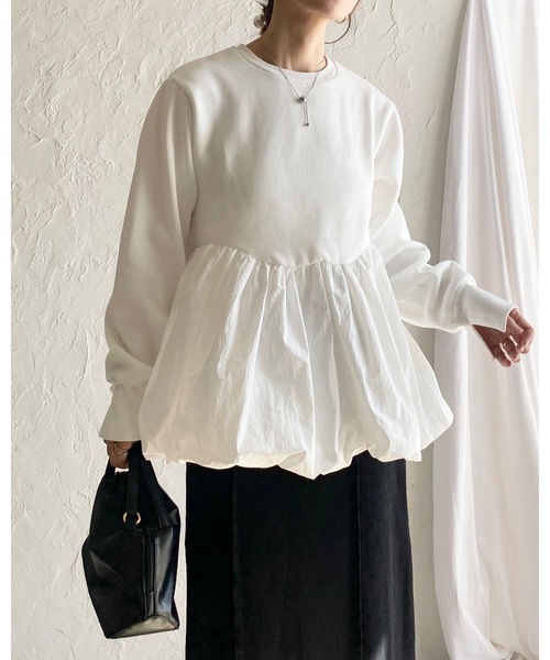 She's Closet(シーズクローゼット)の「異素材切替バルーンペプラムトップス(その他トップス・レディース・ブラック/カーキブラウン/オフホワイト・FREE)」の2枚目の写真