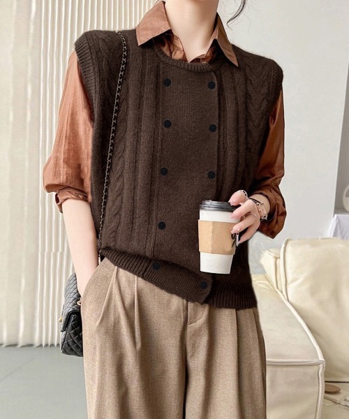 セール】ケーブル編みニットベスト ダブルブレスト（ベスト