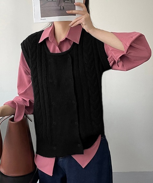 Miniministore(ミニミニストア)の「ケーブル編みニットベスト ダブルブレスト(ベスト・レディース・ブラウン/グレー/ライトブルー/ブラック/ベージュ/ピンク・FREE)」の8枚目の写真