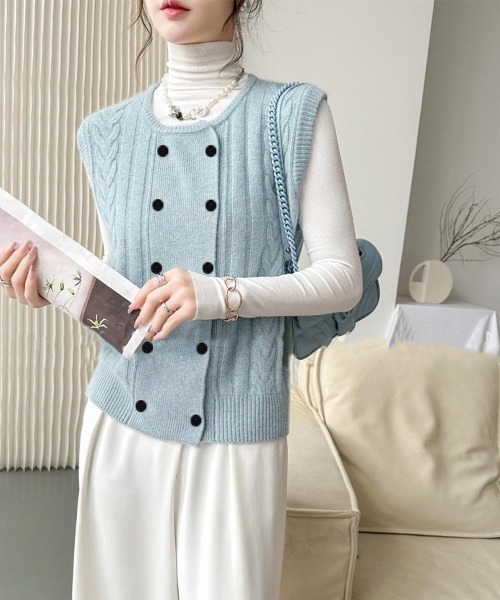 Miniministore(ミニミニストア)の「ケーブル編みニットベスト ダブルブレスト(ベスト・レディース・ブラウン/グレー/ライトブルー/ブラック/ベージュ/ピンク・FREE)」の22枚目の写真