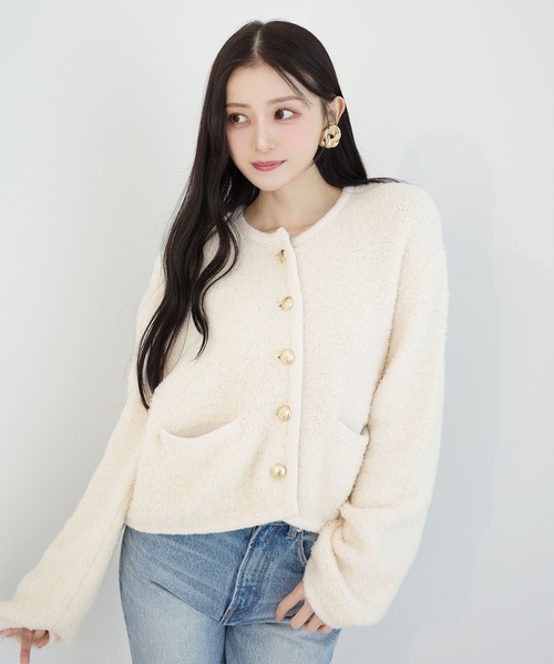 EIMY ISTOIRE(エイミーイストワール)の「TEDDY KNIT JACKET(ノーカラージャケット・レディース・ブラウン/オフホワイト/ブラック/その他8・F)」の2枚目の写真