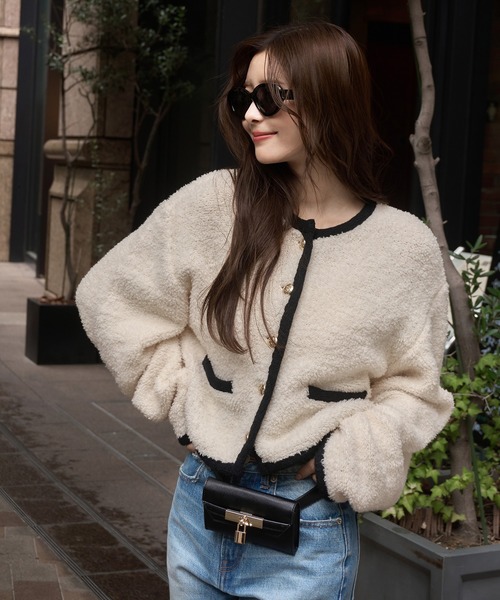 EIMY ISTOIRE(エイミーイストワール)の「TEDDY KNIT JACKET(ノーカラージャケット・レディース・ブラウン/オフホワイト/ブラック/その他8・F)」の20枚目の写真