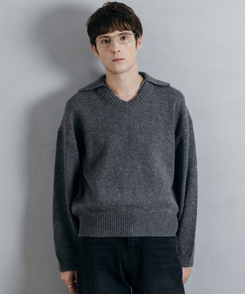 セール】【LURAKU】 Wool Layered Knit Polo / ウールレイヤード