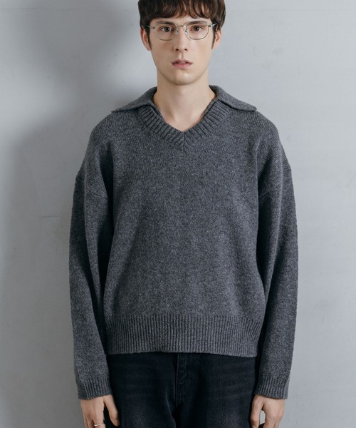 セール】【LURAKU】 Wool Layered Knit Polo / ウールレイヤード