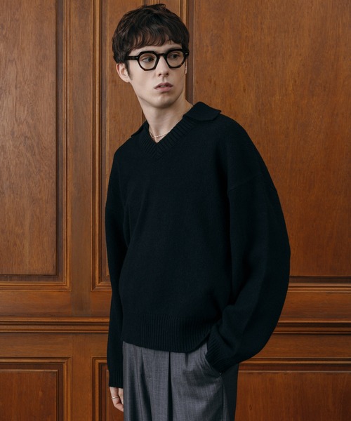 LURAKU（ルラク）の「【LURAKU】 Wool Layered Knit Polo / ウールレイヤードニットポロ（ニット/セーター・メンズ・ブラック/グレー・M/L）」の4枚目の写真