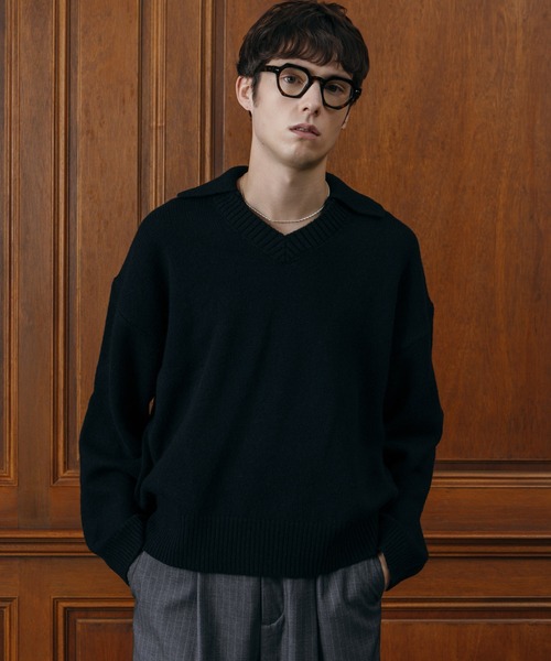 LURAKU（ルラク）の「【LURAKU】 Wool Layered Knit Polo / ウールレイヤードニットポロ（ニット/セーター・メンズ・ブラック/グレー・M/L）」の5枚目の写真