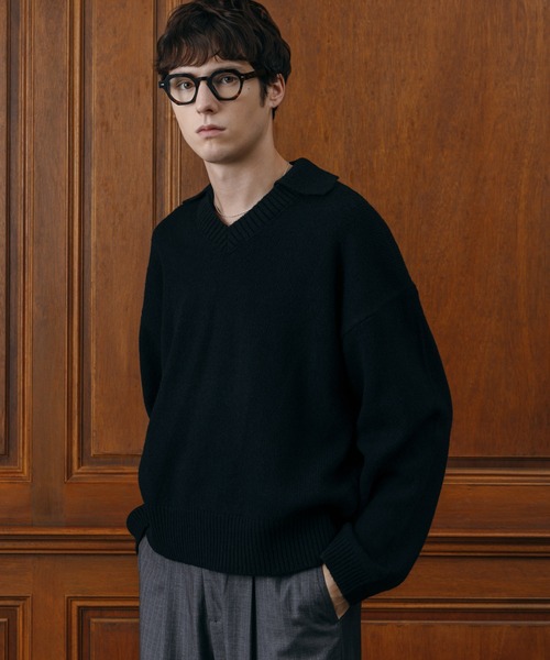 LURAKU（ルラク）の「【LURAKU】 Wool Layered Knit Polo / ウールレイヤードニットポロ（ニット/セーター・メンズ・ブラック/グレー・M/L）」の6枚目の写真