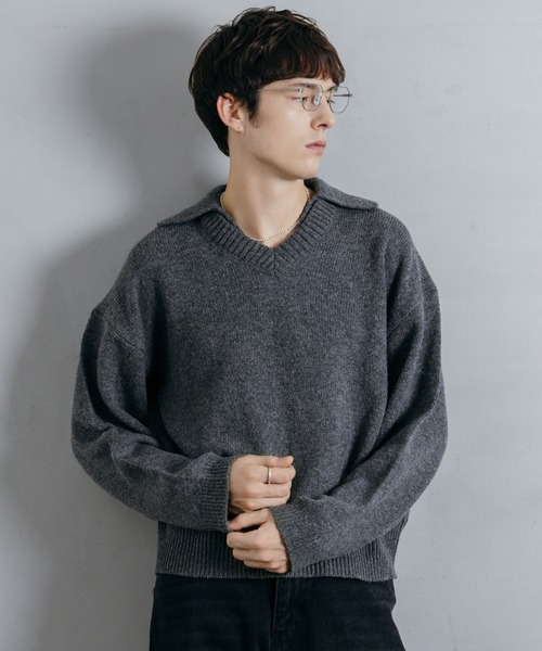 セール】【LURAKU】 Wool Layered Knit Polo / ウールレイヤード