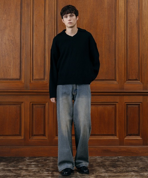 セール】【LURAKU】 Wool Layered Knit Polo / ウールレイヤード