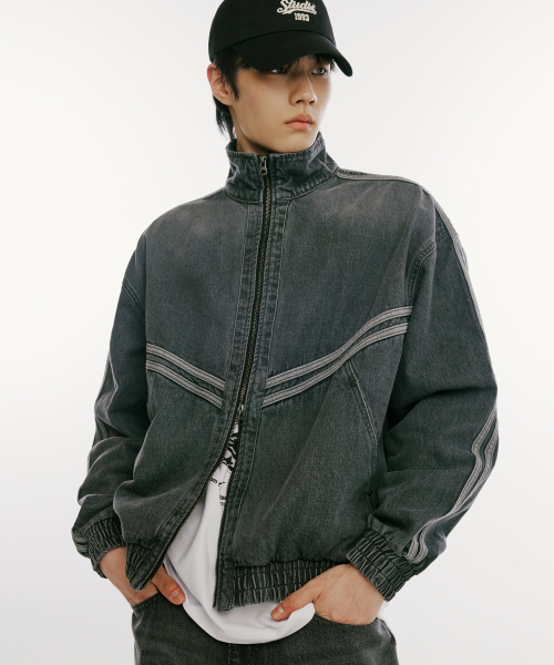 シンボルロゴトラックデニムジップアップジャケット_ダークグレー