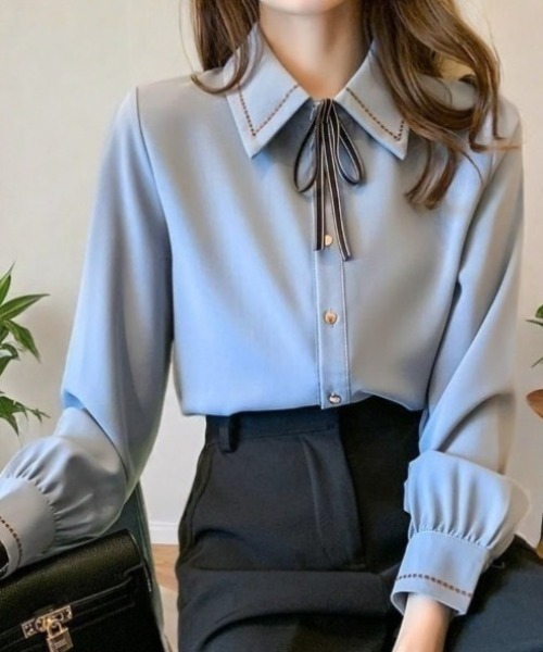 yuue' ( wear )(ユーイ)の「リボン付きステッチデザインボウタイシャツブラウス(シャツ/ブラウス・レディース・ホワイト/ブルー・FREE)」の1枚目の写真